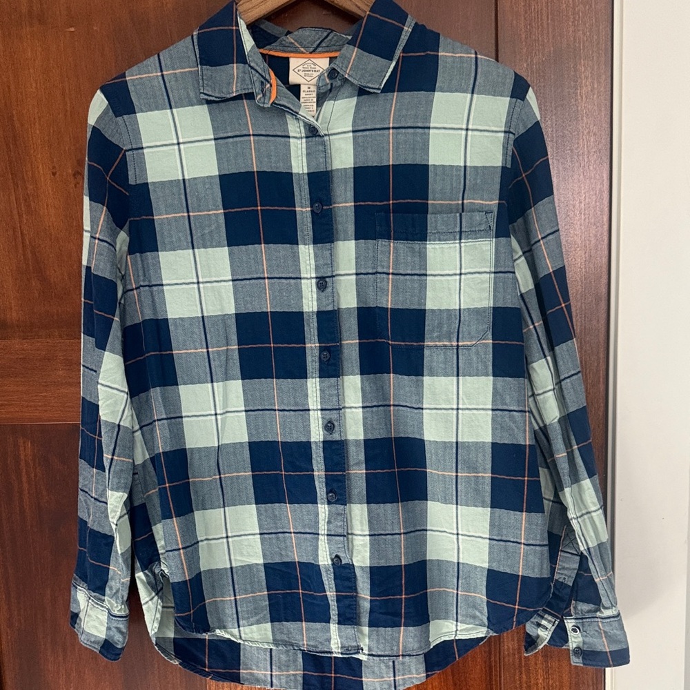 St. John's Bay Navy and Light Green Plaid Shirt